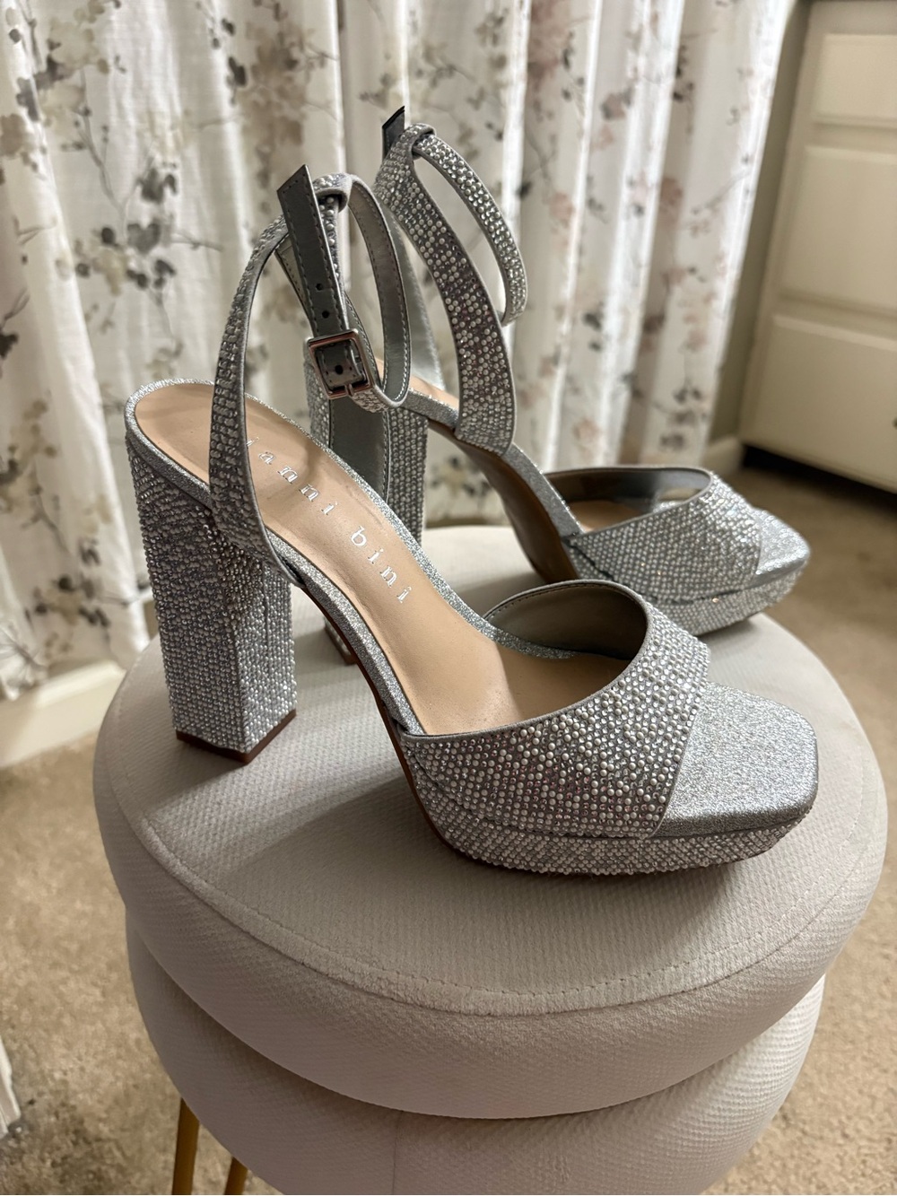 Gianni Bini Embellished Rhinestone Pearl Platform Block Heel Sandal